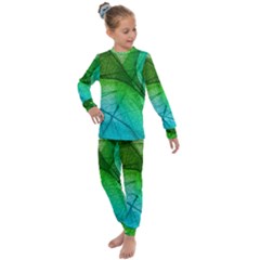 3d Leaves Texture Sheet Blue Green Kids  Long Sleeve Set 