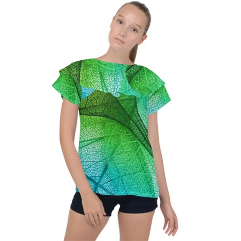 3d Leaves Texture Sheet Blue Green Ruffle Collar Chiffon Blouse by Cemarart