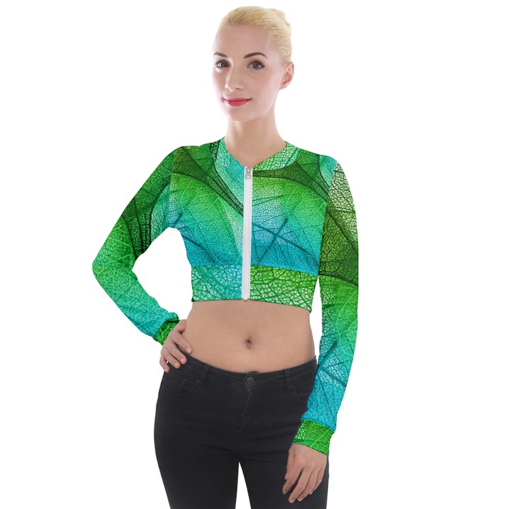 3d Leaves Texture Sheet Blue Green Long Sleeve Cropped Velvet Jacket