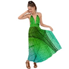 3d Leaves Texture Sheet Blue Green Backless Maxi Beach Dress