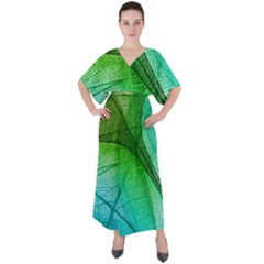 3d Leaves Texture Sheet Blue Green V-neck Boho Style Maxi Dress