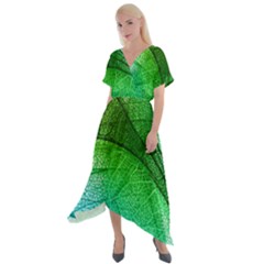 3d Leaves Texture Sheet Blue Green Cross Front Sharkbite Hem Maxi Dress