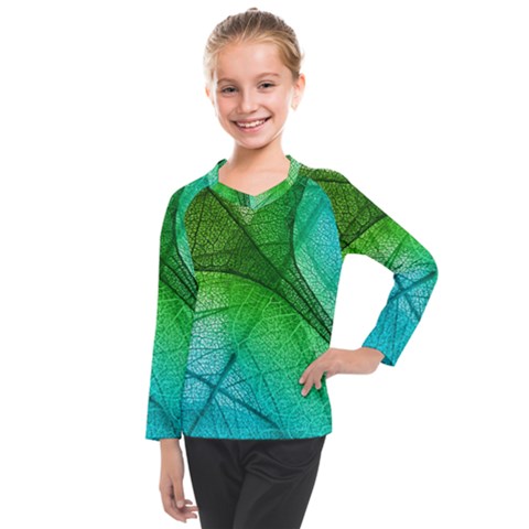 3d Leaves Texture Sheet Blue Green Kids  Long Mesh T-shirt by Cemarart