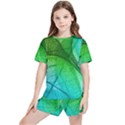 3d Leaves Texture Sheet Blue Green Kids  T-Shirt And Sports Shorts Set View1