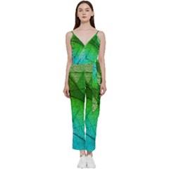 3d Leaves Texture Sheet Blue Green V-neck Camisole Jumpsuit