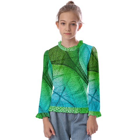 3d Leaves Texture Sheet Blue Green Kids  Frill Detail T-shirt by Cemarart