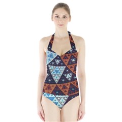 Fractal Triangle Geometric Abstract Pattern Halter Swimsuit