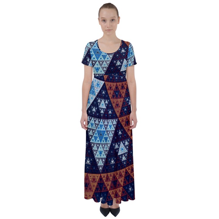 Fractal Triangle Geometric Abstract Pattern High Waist Short Sleeve Maxi Dress