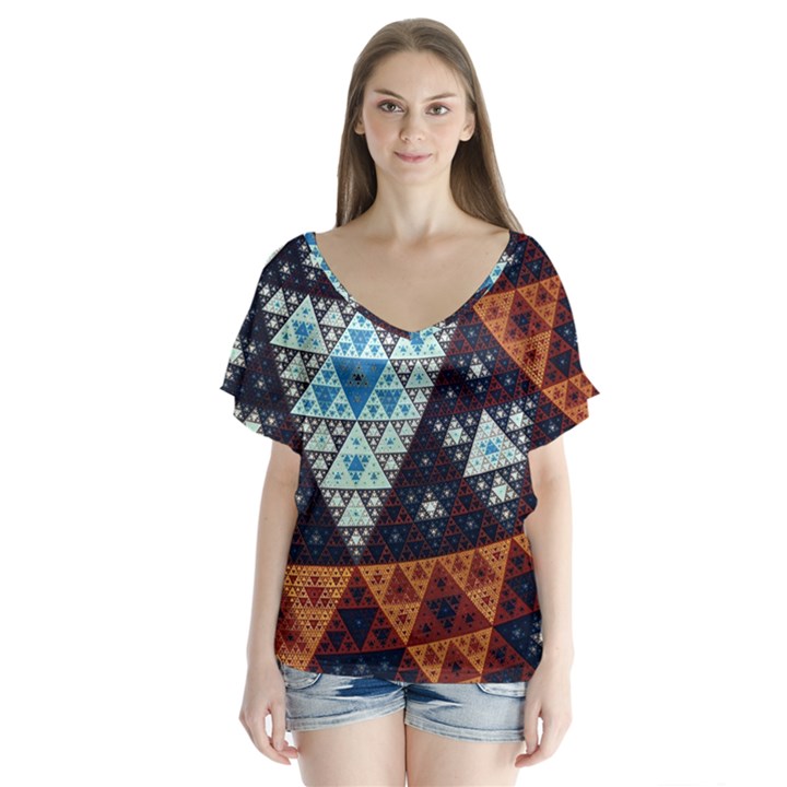 Fractal Triangle Geometric Abstract Pattern V-Neck Flutter Sleeve Top