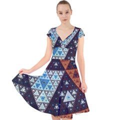 Fractal Triangle Geometric Abstract Pattern Cap Sleeve Front Wrap Midi Dress