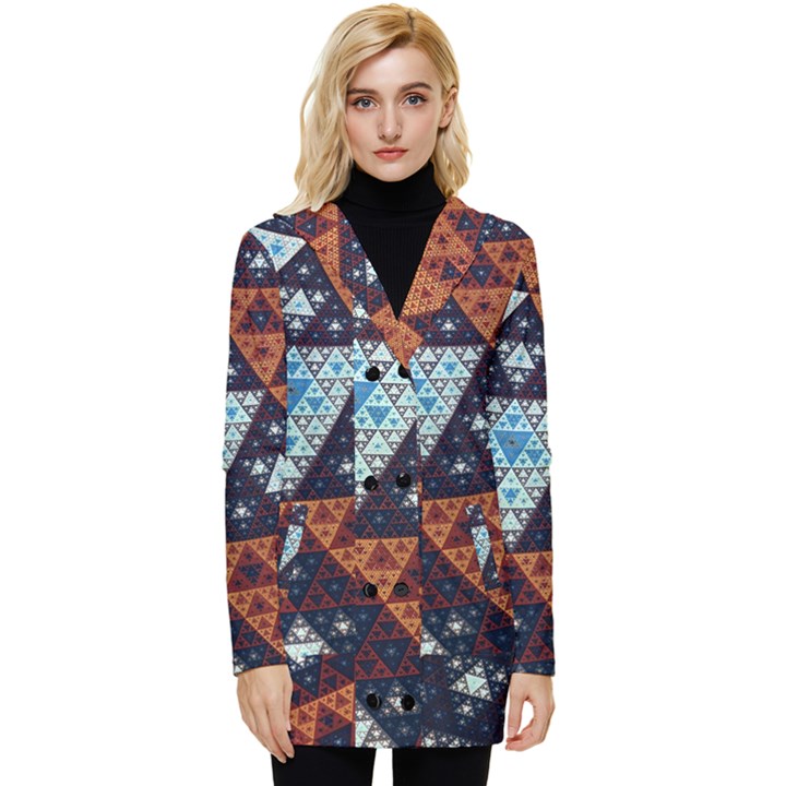 Fractal Triangle Geometric Abstract Pattern Button Up Hooded Coat 