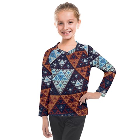 Fractal Triangle Geometric Abstract Pattern Kids  Long Mesh T-shirt by Cemarart