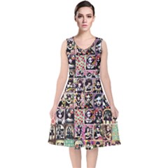 Spanish Gothic Girls Pattern V-neck Midi Sleeveless Dress 