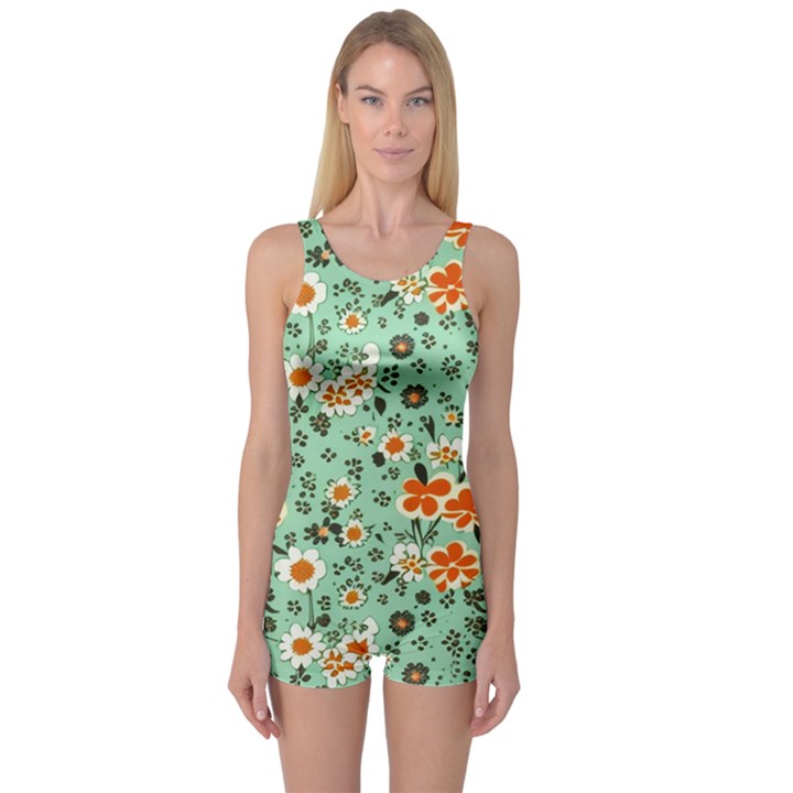 Retro 1960s Flowers Pattern 3 One Piece Boyleg Swimsuit