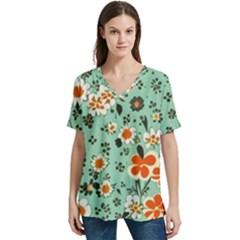 Retro 1960s Flowers Pattern 3 V-neck Split Shoulder Casual T-shirt by patterns123