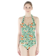 Retro 1960s Flowers Pattern 3 Halter Swimsuit