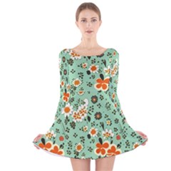 Retro 1960s Flowers Pattern 3 Long Sleeve Velvet Skater Dress