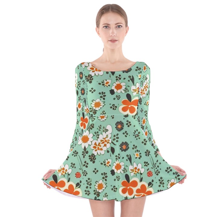 Retro 1960s Flowers Pattern 3 Long Sleeve Velvet Skater Dress