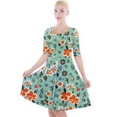 Retro 1960s Flowers Pattern 3 Quarter Sleeve A-line Dress With Pockets