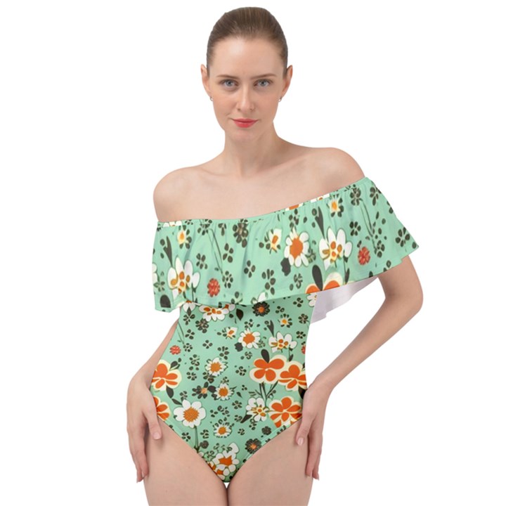 Retro 1960s Flowers Pattern 3 Off Shoulder Velour Bodysuit 