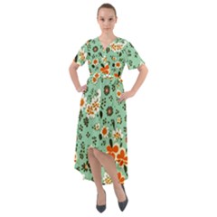 Retro 1960s Flowers Pattern 3 Front Wrap High Low Dress