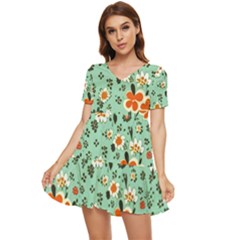 Retro 1960s Flowers Pattern 3 Tiered Short Sleeve Babydoll Dress