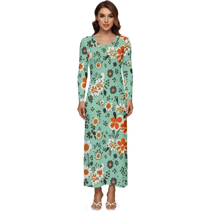 Retro 1960s Flowers Pattern 3 Long Sleeve Longline Maxi Dress