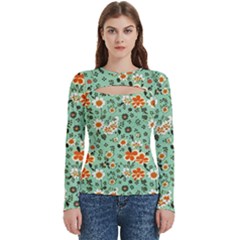 Retro 1960s Flowers Pattern 3 Women s Cut Out Long Sleeve T-shirt by violetheavensky