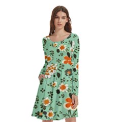 Retro 1960s Flowers Pattern 3 Long Sleeve Knee Length Skater Dress With Pockets