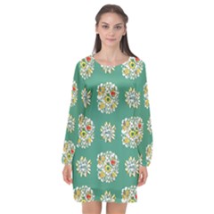 Retro 1960s Flowers Pattern 2 Long Sleeve Chiffon Shift Dress 