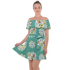 Retro 1960s Flowers Pattern 2 Off Shoulder Velour Dress