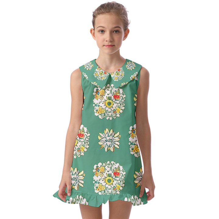 Retro 1960s Flowers Pattern 2 Kids  Pilgrim Collar Ruffle Hem Dress