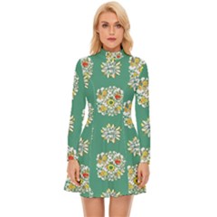 Retro 1960s Flowers Pattern 2 Long Sleeve Velour Longline Dress