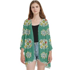 Retro 1960s Flowers Pattern 2 Open Front 3/4 Sleeve Batwing Chiffon Cardigan Kimono