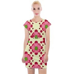 Retro 1960s Flowers Pattern 4 Cap Sleeve Bodycon Dress