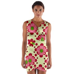 Retro 1960s Flowers Pattern 4 Wrap Front Bodycon Dress