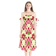 Retro 1960s Flowers Pattern 4 Shoulder Tie Bardot Midi Dress