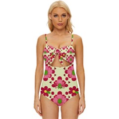 Retro 1960s Flowers Pattern 4 Knot Front One-piece Swimsuit