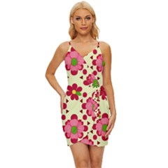 Retro 1960s Flowers Pattern 4 Wrap Tie Front Dress