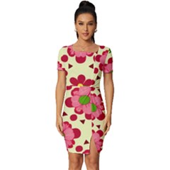 Retro 1960s Flowers Pattern 4 Fitted Knot Split End Bodycon Dress