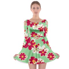 Retro 1960s Flowers Pattern Long Sleeve Skater Dress