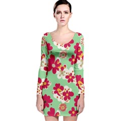 Retro 1960s Flowers Pattern Long Sleeve Velvet Bodycon Dress