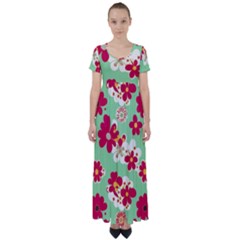 Retro 1960s Flowers Pattern High Waist Short Sleeve Maxi Dress