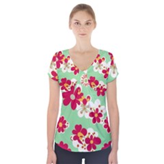 Retro 1960s Flowers Pattern Short Sleeve Front Detail Top by patterns123