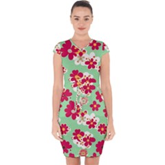 Retro 1960s Flowers Pattern Capsleeve Drawstring Dress 