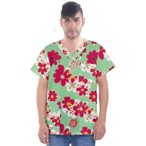 Retro 1960s Flowers Pattern Men s V-neck Scrub Top by violetheavensky