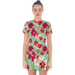 Retro 1960s Flowers Pattern Drop Hem Mini Chiffon Dress