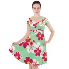 Retro 1960s Flowers Pattern Cap Sleeve Midi Dress With Pockets