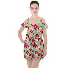 Retro 1960s Flowers Pattern Ruffle Cut Out Chiffon Playsuit