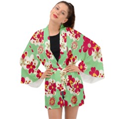 Retro 1960s Flowers Pattern Long Sleeve Kimono